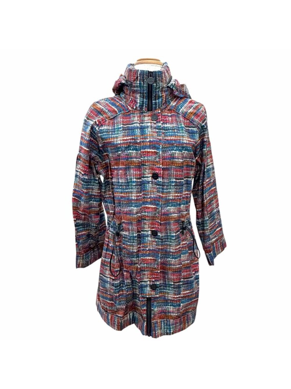 Chanel Cotton Coco Buttons Tweed Print Hooded Zip Up Rain Jacket Multicolor 36